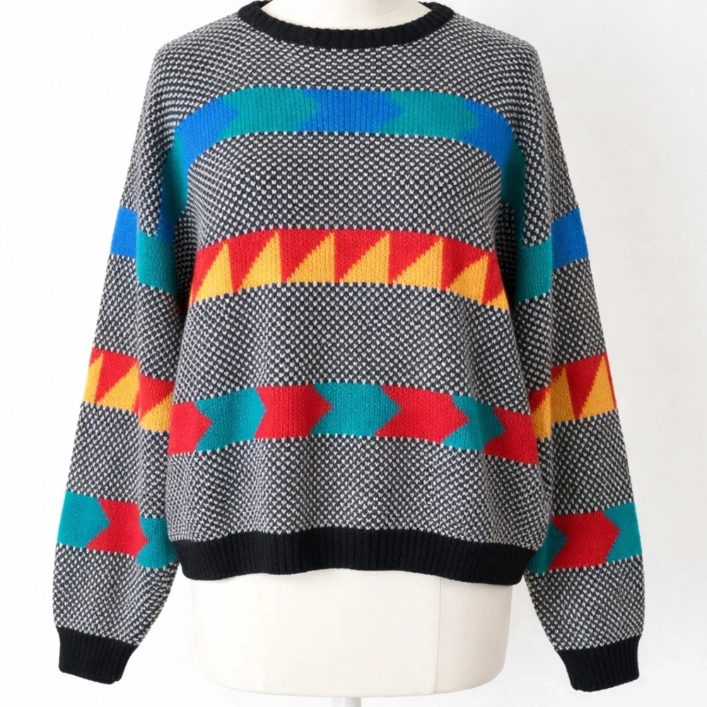 Vintage 80s 90s Southwestern Geometric Graphic Knit Sweater Adele Made USA Sz XL